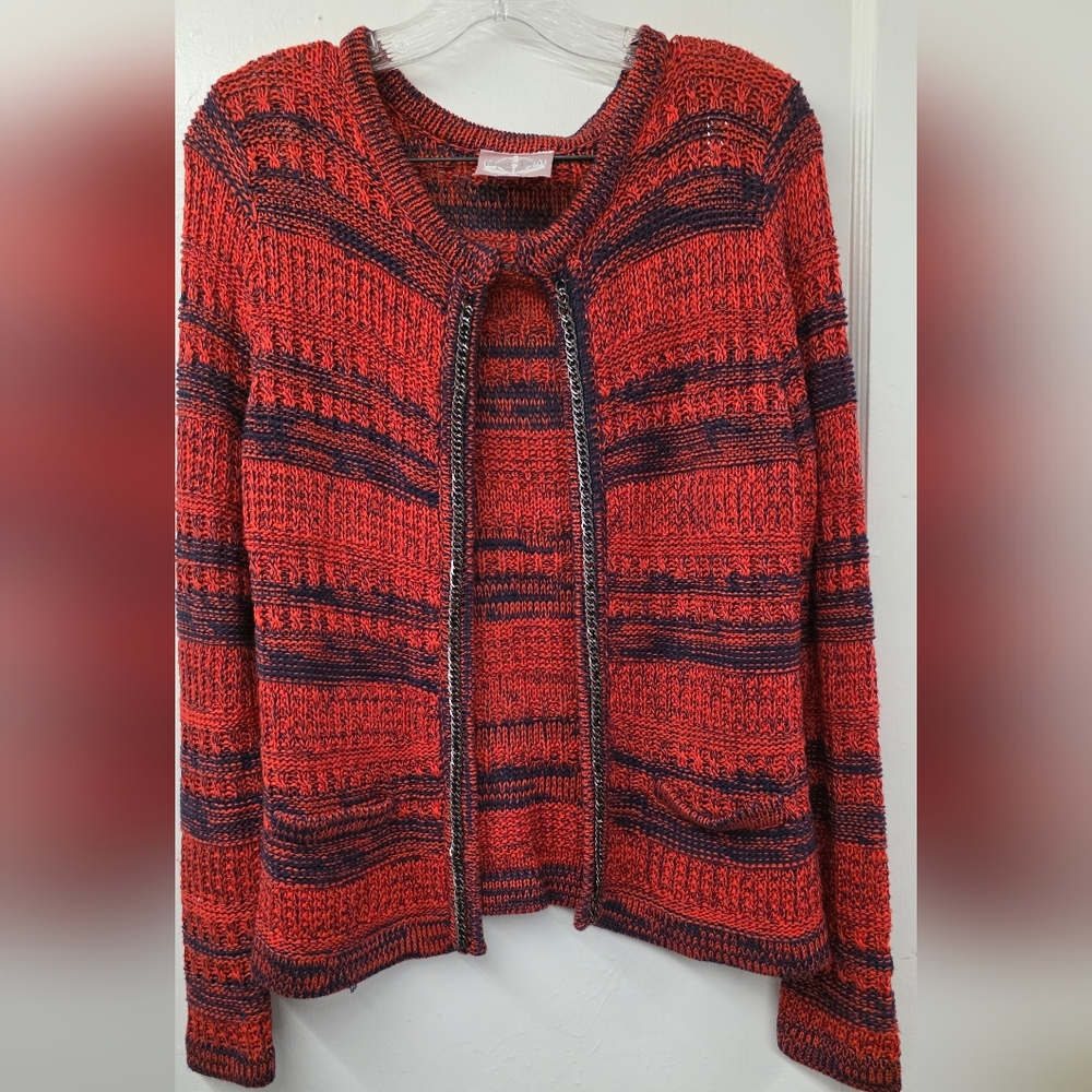 🍁Romeo & Juliet Couture Chunky Knit Cardigan Red Navy Open Front Size Large